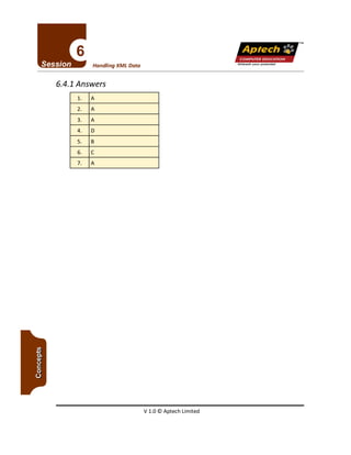 V 1.0 © Aptech Limited
1. A
2. A
3. A
4. D
5. B
6. C
7. A
6.4.1 Answers
Unleash your pot ential
TM
Apfech ::~
COMPUTEREDUCATION
Handling XML Data
 