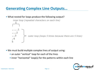 Page 12Classification: Restricted
Generating Complex Line Outputs…
• What nested for loops produce the following output?
• We must build multiple complex lines of output using:
• an outer "vertical" loop for each of the lines
• inner "horizontal" loop(s) for the patterns within each line
 