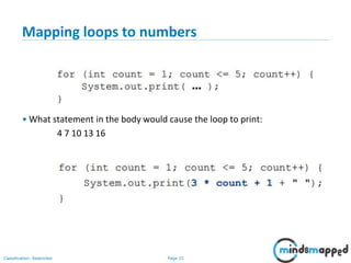 Page 15Classification: Restricted
Mapping loops to numbers
• What statement in the body would cause the loop to print:
4 7 10 13 16
 