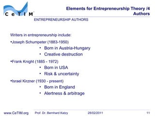 Elements for Entrepreneurship Theory /4 Authors Writers in entrepreneurship include: Joseph Schumpeter (1883-1950) Born in Austria-Hungary Creative destruction Frank Knight (1885 - 1972) Born in USA Risk & uncertainty Israel Kirzner (1930 - present) Born in England Alertness & arbitrage  Prof. Dr. Bernhard Katzy 28/02/2011 ENTREPRENEURSHIP AUTHORS 