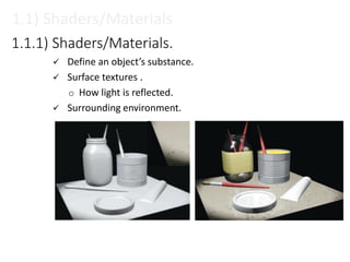 1.1.1) Shaders/Materials.
1.1) Shaders/Materials
 Define an object’s substance.
 Surface textures .
o How light is reflected.
 Surrounding environment.
 