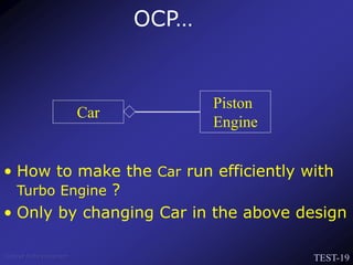 TEST-19
Venkat Subramaniam
• How to make the Car run efficiently with
Turbo Engine ?
• Only by changing Car in the above design
OCP…
Car
Piston
Engine
 