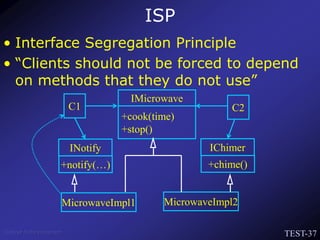 TEST-37
Venkat Subramaniam
ISP
• Interface Segregation Principle
• “Clients should not be forced to depend
on methods that they do not use”
IMicrowave
+cook(time)
+stop()
C1 C2
MicrowaveImpl2
IChimer
+chime()
INotify
+notify(…)
MicrowaveImpl1
 