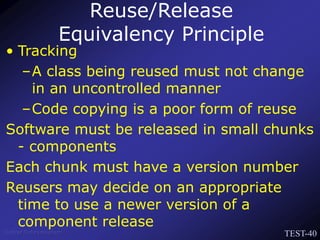TEST-40
Venkat Subramaniam
• Tracking
–A class being reused must not change
in an uncontrolled manner
–Code copying is a poor form of reuse
Software must be released in small chunks
- components
Each chunk must have a version number
Reusers may decide on an appropriate
time to use a newer version of a
component release
Reuse/Release
Equivalency Principle
 