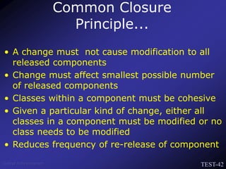 TEST-42
Venkat Subramaniam
• A change must not cause modification to all
released components
• Change must affect smallest possible number
of released components
• Classes within a component must be cohesive
• Given a particular kind of change, either all
classes in a component must be modified or no
class needs to be modified
• Reduces frequency of re-release of component
Common Closure
Principle...
 
