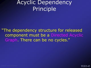 TEST-45
Venkat Subramaniam
“The dependency structure for released
component must be a Directed Acyclic
Graph. There can be no cycles.”
Acyclic Dependency
Principle
 