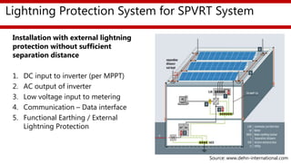 Lightning Protection System for SPVRT System
Installation with external lightning
protection without sufficient
separation distance
1. DC input to inverter (per MPPT)
2. AC output of inverter
3. Low voltage input to metering
4. Communication – Data interface
5. Functional Earthing / External
Lightning Protection
Source: www.dehn-international.com
 