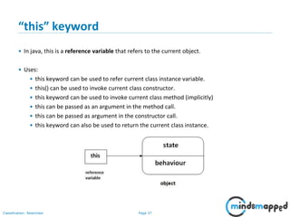 Page 37Classification: Restricted
“this” keyword
• In java, this is a reference variable that refers to the current object.
• Uses:
• this keyword can be used to refer current class instance variable.
• this() can be used to invoke current class constructor.
• this keyword can be used to invoke current class method (implicitly)
• this can be passed as an argument in the method call.
• this can be passed as argument in the constructor call.
• this keyword can also be used to return the current class instance.
 