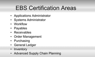EBS CertificationAreasApplications AdministratorSystems AdministratorWorkflowPayablesReceivablesOrder ManagementPurchasingGeneral Ledger InventoryAdvanced Supply Chain Planning