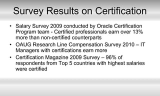 Survey Results on CertificationSalary Survey 2009 conducted by Oracle Certification Program team - Certified professionals earn over 13% more than non-certified counterparts OAUG Research Line Compensation Survey 2010 – IT Managers with certifications earn moreCertification Magazine 2009 Survey – 96% of respondents from Top 5 countries with highest salaries were certified