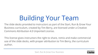 Start, Run & Grow Your Business
Building Your Team
The slide decks provided to instructors as part of the Start, Run & Grow Your
Business curriculum, created by Tim Berry, are licensed under a Creative
Commons Attribution 4.0 Unported License.
This license gives instructors the right to share, remix and make commercial
use of the slide decks, with proper attribution to Tim Berry, the curriculum
author.
 