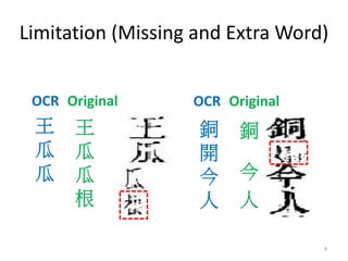 Limitation (Missing and Extra Word)
OCR Original OCR Original
3
 
