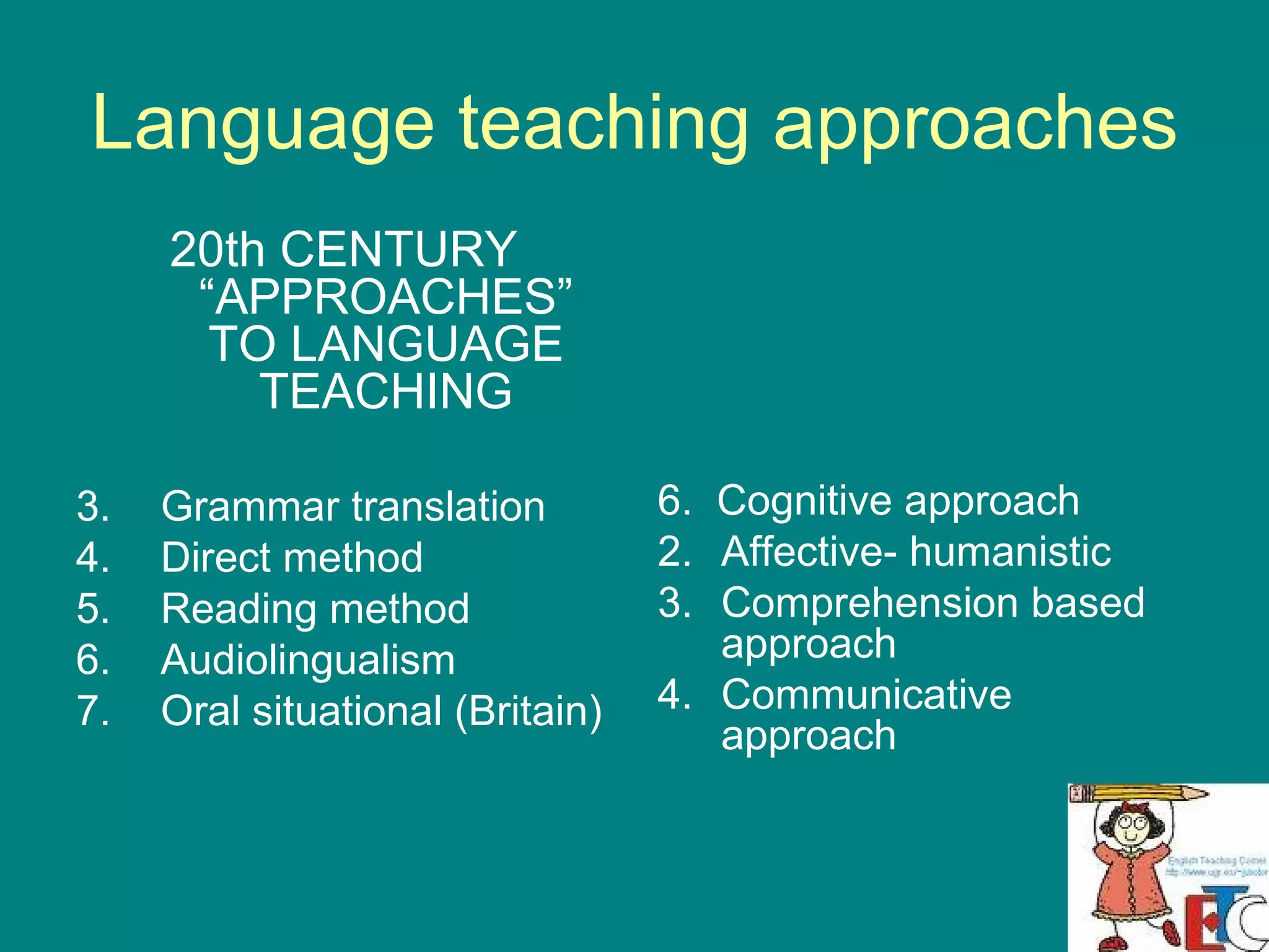 Language teaching approaches 20th CENTURY “APPROACHES” TO LANGUAGE TEACHING Grammar translation Direct method Reading method Audiolingualism Oral situational (Britain) 6.  Cognitive approach Affective- humanistic Comprehension based approach Communicative approach 