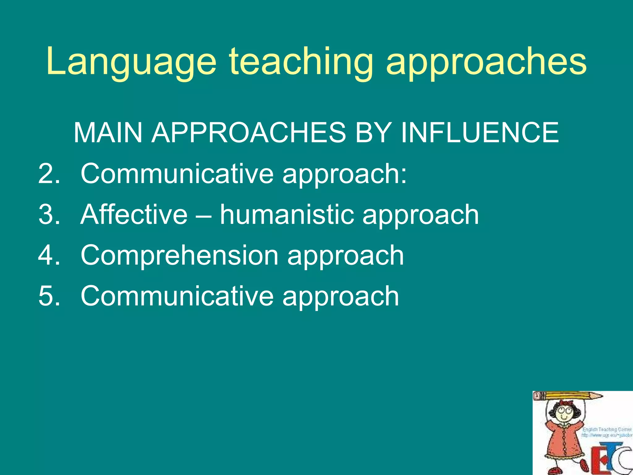 Language teaching approaches MAIN APPROACHES BY INFLUENCE Communicative approach:  Affective – humanistic approach Comprehension approach Communicative approach 