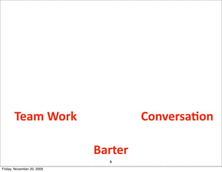 Team	
  Work	
                    ConversaJon

                            Barter	
  
                                6
Friday, November 20, 2009
 
