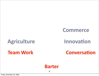 Commerce
         Agriculture                     InnovaJon	
  
         Team	
  Work	
                  ConversaJon

                            Barter	
  
                              8
Friday, November 20, 2009
 