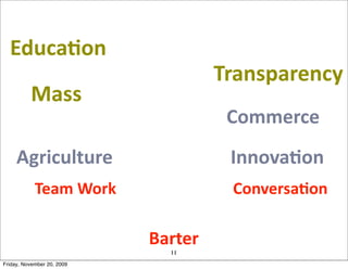 EducaJon
                                            Transparency
          Mass	
  
                                             Commerce
     Agriculture                             InnovaJon	
  
            Team	
  Work	
                   ConversaJon

                               Barter	
  
                                   11
Friday, November 20, 2009
 