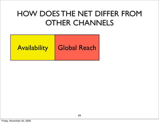 HOW DOES THE NET DIFFER FROM
                  OTHER CHANNELS

                                           Universal
             Availability   Global Reach
                                           Standards

                            Information
            Interactivity               Personalization
                              Density

                               Cost
                   Social                   Long Tail
                             Reduction
                                  59
Friday, November 20, 2009
 