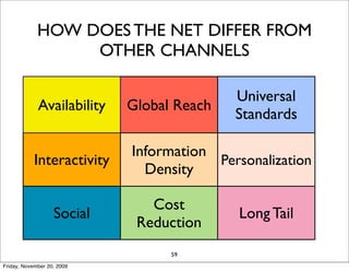 HOW DOES THE NET DIFFER FROM
                  OTHER CHANNELS

                                           Universal
             Availability   Global Reach
                                           Standards

                            Information
            Interactivity               Personalization
                              Density

                               Cost
                   Social                   Long Tail
                             Reduction
                                  59
Friday, November 20, 2009
 