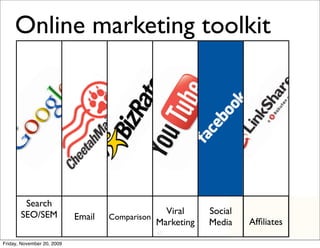 Online marketing toolkit




        Search
       SEO/SEM                                   Viral     Social
                            Email   Comparison
                                               Marketing   Media        Afﬁliates
                                                                aljal




                                               62
Friday, November 20, 2009
 