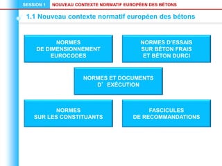NOUVEAU CONTEXTE NORMATIF EUROPÉEN DES BÉTONS
SESSION 1
1.1 Nouveau contexte normatif européen des bétons
FASCICULES
DE RECOMMANDATIONS
NORMES
SUR LES CONSTITUANTS
NORMES
DE DIMENSIONNEMENT
EUROCODES
NORMES D’ESSAIS
SUR BÉTON FRAIS
ET BÉTON DURCI
NORMES ET DOCUMENTS
D’EXÉCUTION
 
