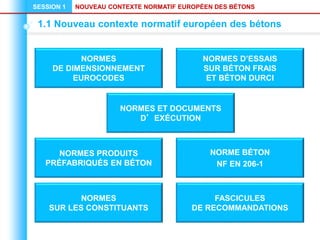 NOUVEAU CONTEXTE NORMATIF EUROPÉEN DES BÉTONS
SESSION 1
1.1 Nouveau contexte normatif européen des bétons
FASCICULES
DE RECOMMANDATIONS
NORMES
SUR LES CONSTITUANTS
NORMES
DE DIMENSIONNEMENT
EUROCODES
NORMES D’ESSAIS
SUR BÉTON FRAIS
ET BÉTON DURCI
NORMES PRODUITS
PRÉFABRIQUÉS EN BÉTON
NORMES ET DOCUMENTS
D’EXÉCUTION
NORME BÉTON
NF EN 206-1
 