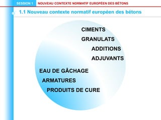 NOUVEAU CONTEXTE NORMATIF EUROPÉEN DES BÉTONS
SESSION 1
1.1 Nouveau contexte normatif européen des bétons
CIMENTS
GRANULATS
ADDITIONS
ADJUVANTS
EAU DE GÂCHAGE
ARMATURES
PRODUITS DE CURE
 