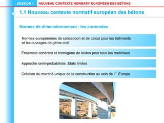 NOUVEAU CONTEXTE NORMATIF EUROPÉEN DES BÉTONS
SESSION 1
1.1 Nouveau contexte normatif européen des bétons
Normes de dimensionnement : les eurocodes
Normes européennes de conception et de calcul pour les bâtiments
et les ouvrages de génie civil
Ensemble cohérent et homogène de textes pour tous les matériaux
Approche semi-probabiliste. Etats limites
Création du marché unique de la construction au sein de l’Europe
 