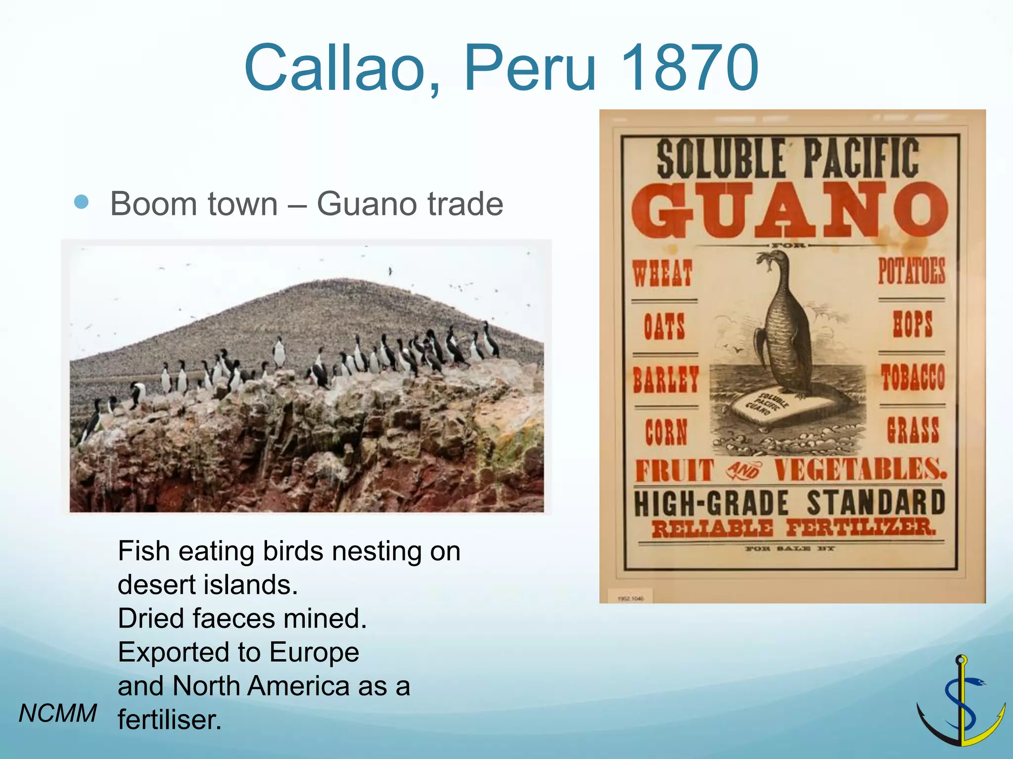Callao, Peru 1870 
Boom town – Guano trade 
Fish eating birds nesting on 
desert islands. 
Dried faeces mined. 
Exported to Europe and North America as a fertiliser. 
NCMM  