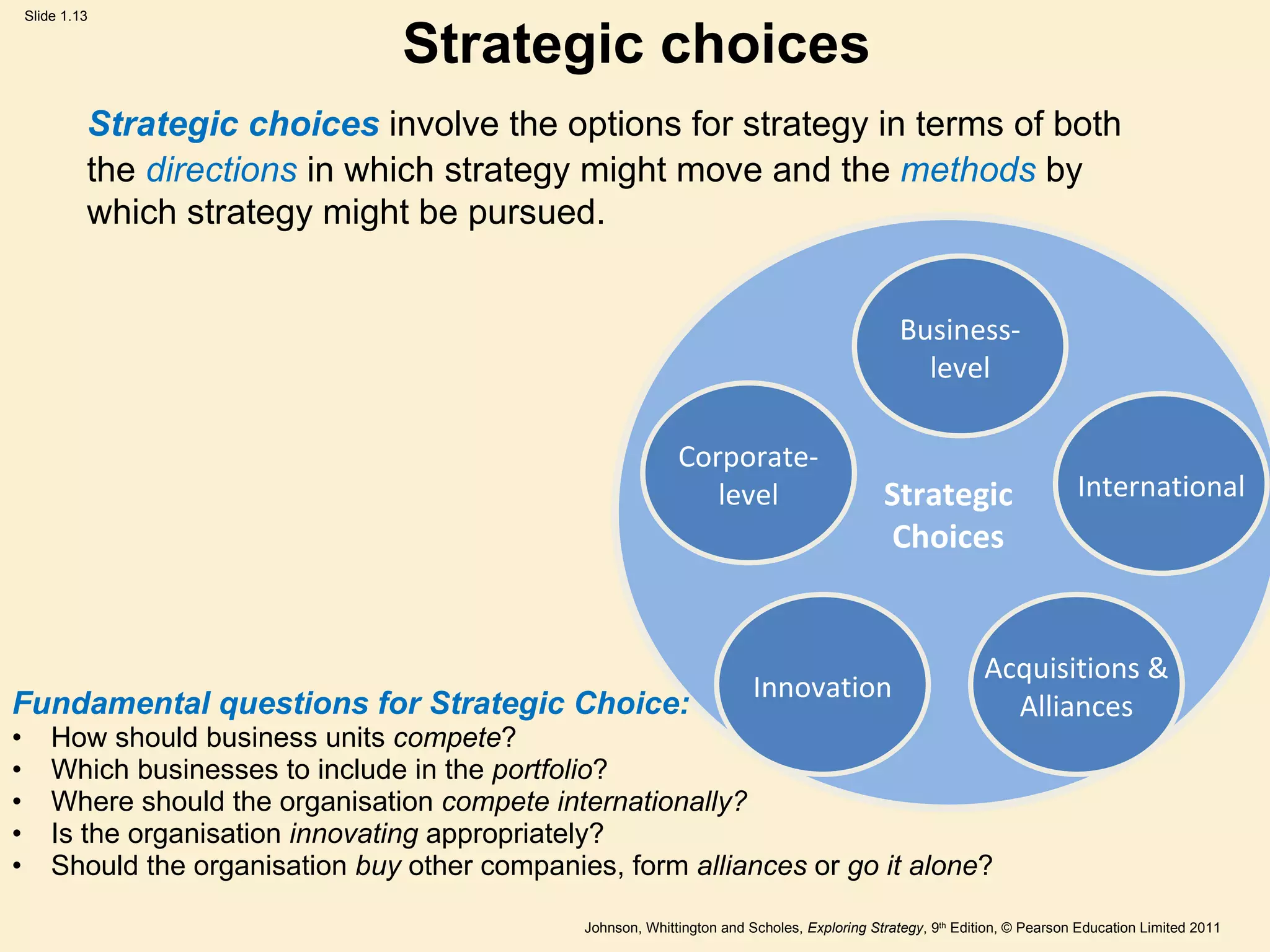 Strategic choices Strategic  Choices Business- level Innovation International Corporate- level Acquisitions & Alliances  Strategic choices  involve the options for strategy in terms of both the  directions   in which strategy might move and the  methods   by which strategy might be pursued. Fundamental questions for Strategic Choice: •  How should business units  compete ? •  Which businesses to include in the  portfolio ? •  Where should the organisation  compete internationally? •  Is the organisation  innovating  appropriately? •  Should the organisation  buy  other companies, form  alliances  or  go it alone ? 
