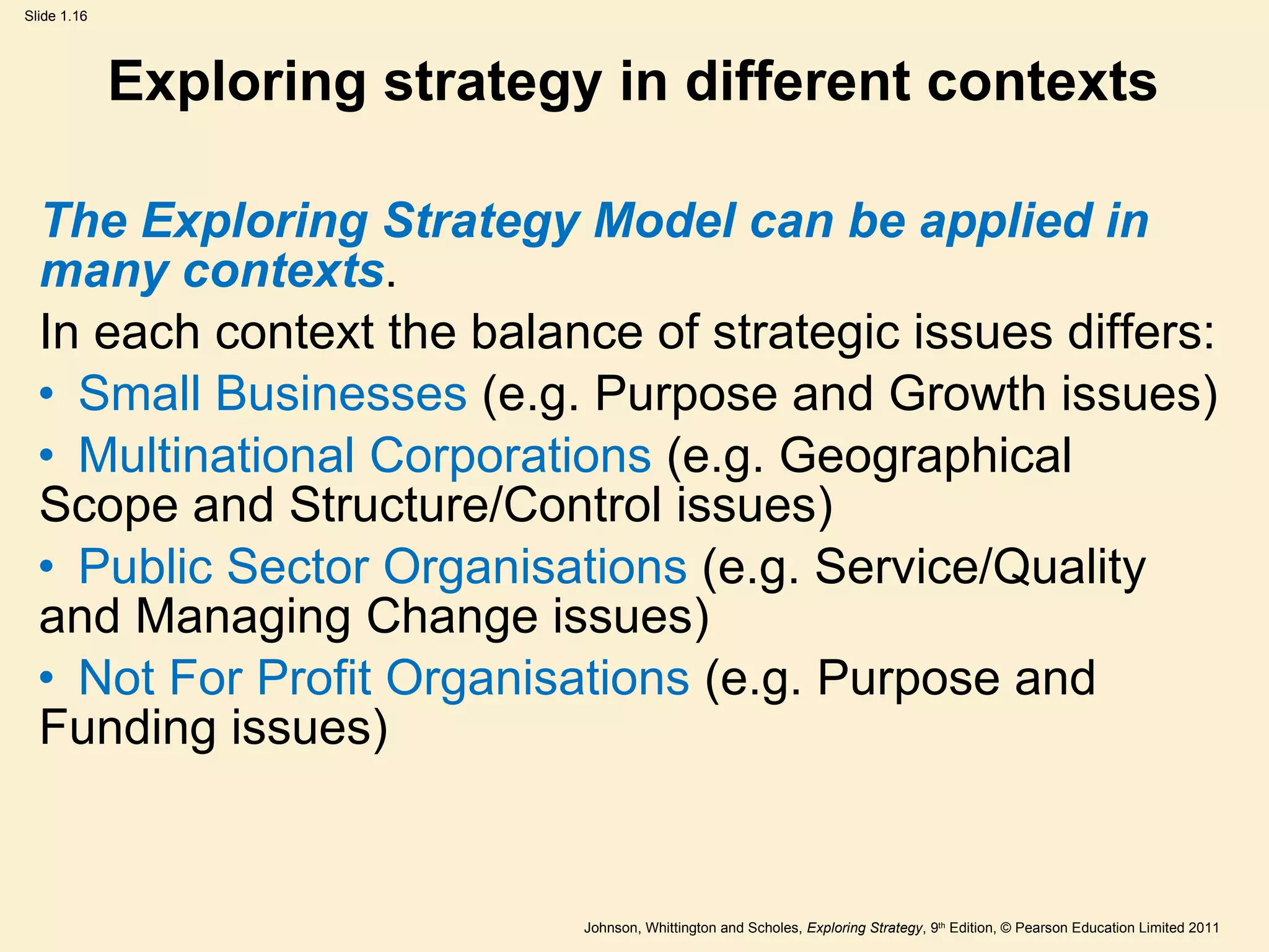 Exploring strategy in different contexts The Exploring Strategy Model can be applied in many contexts . In each context the balance of strategic issues differs: Small Businesses  (e.g. Purpose and Growth issues) Multinational Corporations  (e.g. Geographical  Scope and Structure/Control issues) Public Sector Organisations  (e.g. Service/Quality  and Managing Change issues) Not For Profit Organisations  (e.g. Purpose and  Funding issues) 