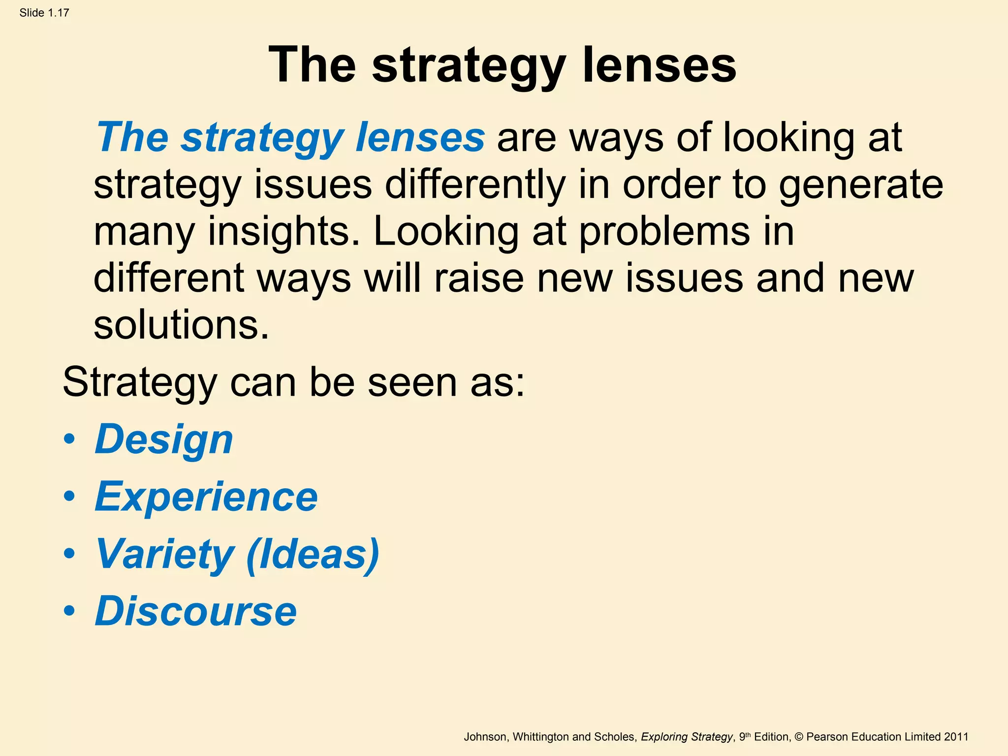 The strategy lenses The strategy lenses  are ways of looking at strategy issues differently in order to generate many insights. Looking at problems in different ways will raise new issues and new solutions. Strategy can be seen as: Design Experience Variety (Ideas) Discourse 