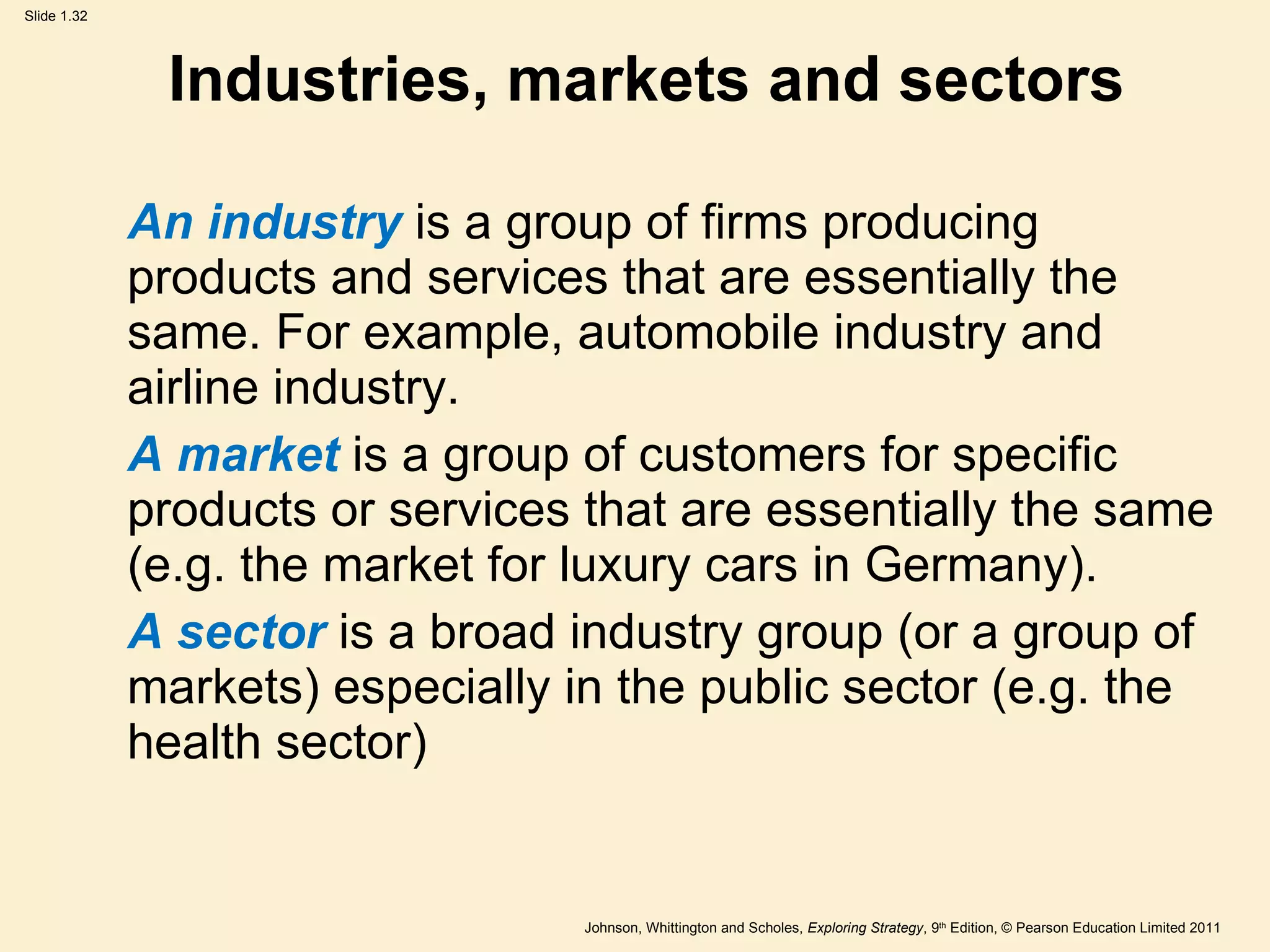 Industries, markets and sectors An industry  is a group of firms producing products and services that are essentially the same. For example, automobile industry and airline industry. A market  is a group of customers for specific products or services that are essentially the same (e.g. the market for luxury cars in Germany). A sector  is a broad industry group (or a group of markets) especially in the public sector (e.g. the health sector) 