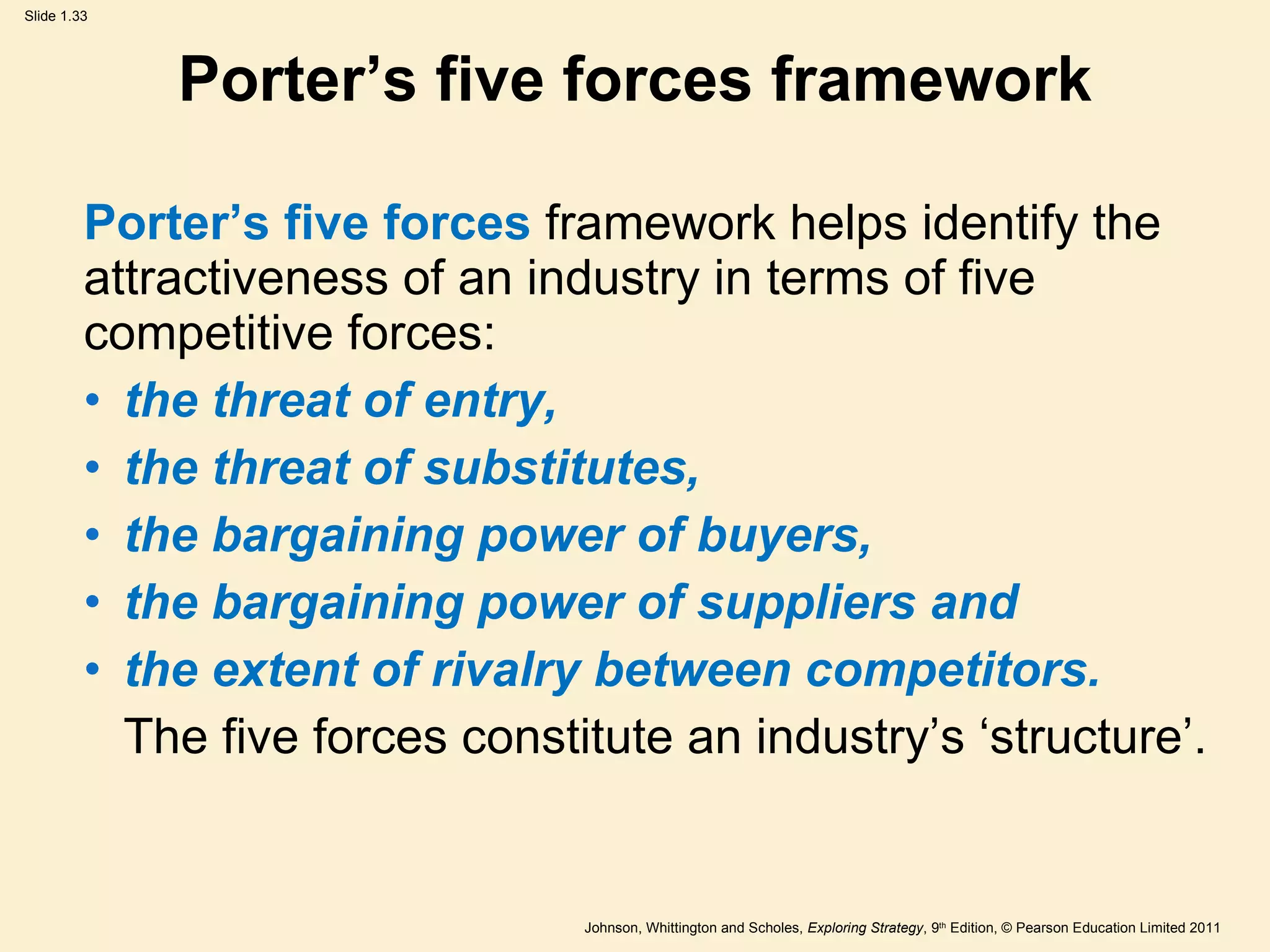 Porter ’ s five forces framework Porter ’ s five forces  framework helps identify the attractiveness of an industry in terms of five competitive forces:  the threat of entry,  the threat of substitutes,  the bargaining power of buyers, the bargaining power of suppliers and the extent of rivalry between competitors.  The five forces constitute an industry ’ s  ‘ structure ’ . 
