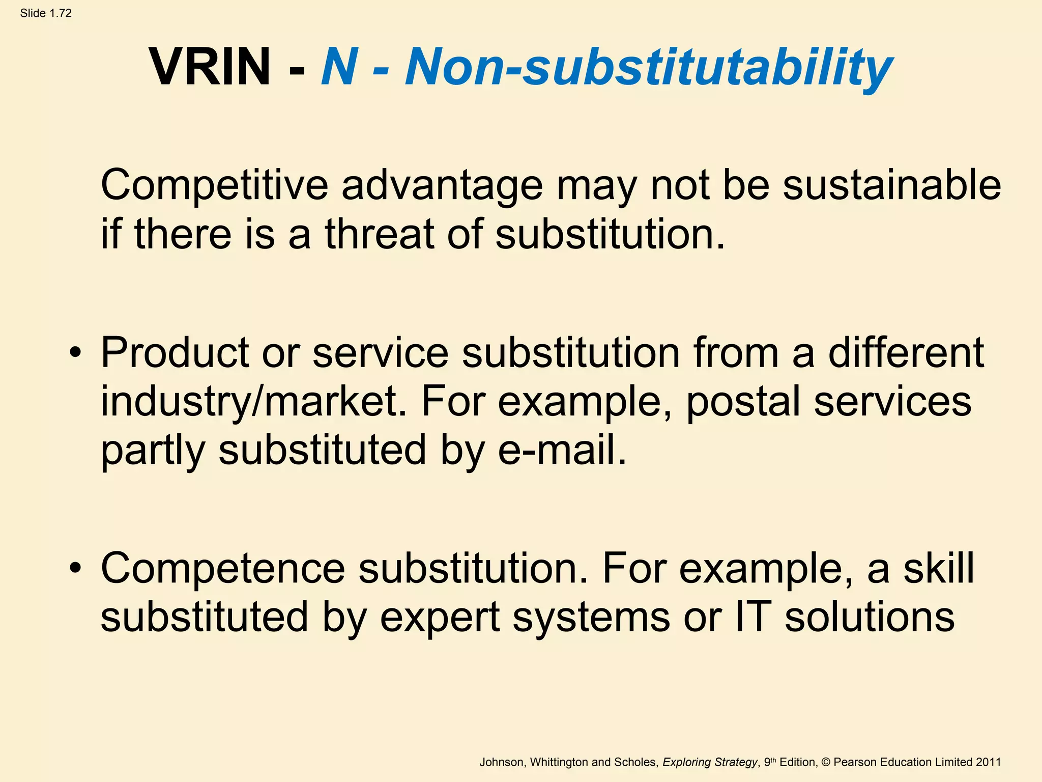 VRIN -  N - Non-substitutability Competitive advantage may not be sustainable if there is a threat of substitution. Product or service substitution from a different industry/market. For example, postal services partly substituted by e-mail. Competence substitution. For example, a skill substituted by expert systems or IT solutions 