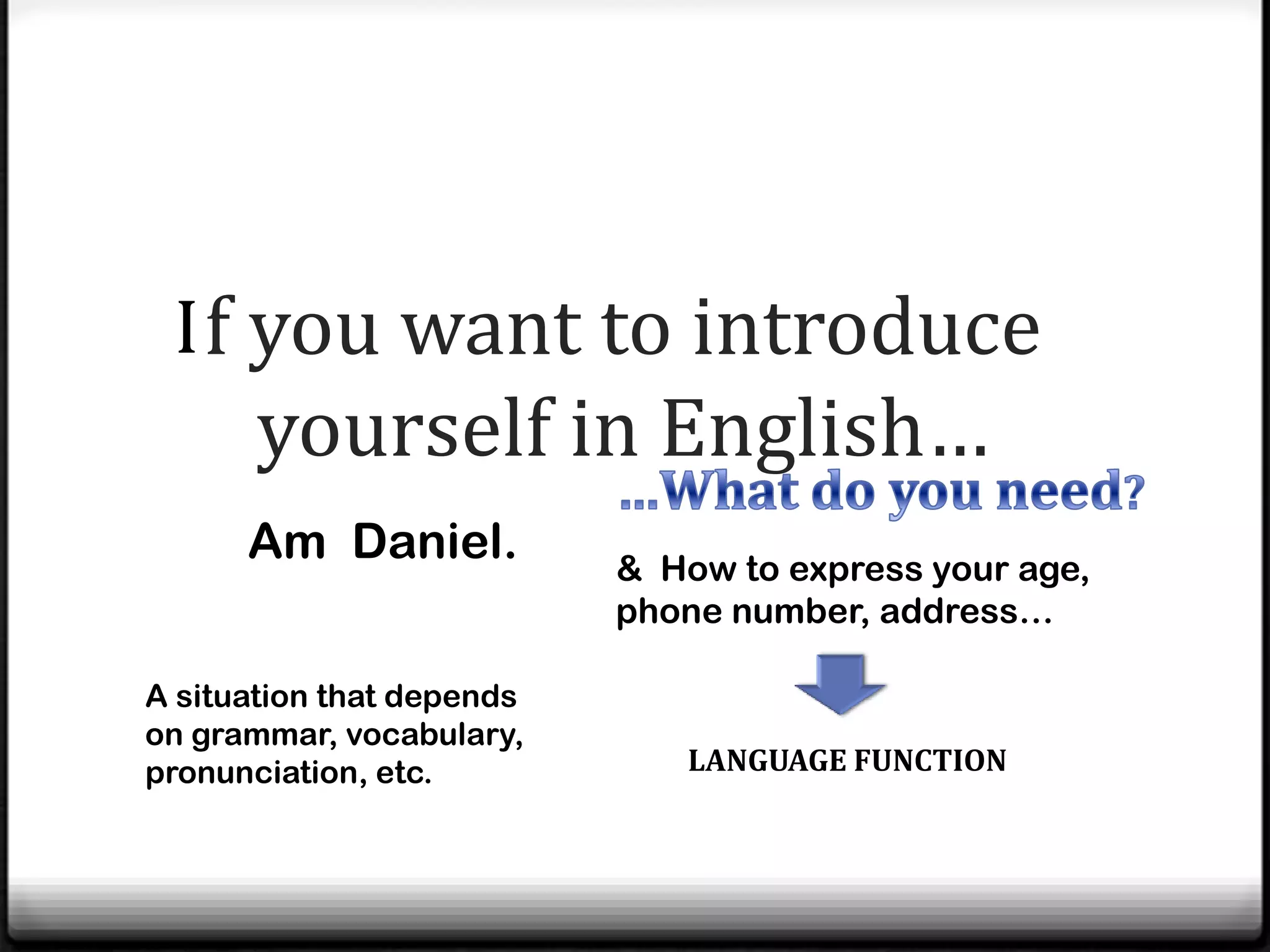 I f you want to introduce
       yourself in English…
      Am Daniel.           & How to express your age,
                           phone number, address…

A situation that depends
on grammar, vocabulary,
pronunciation, etc.           LANGUAGE FUNCTION
 
