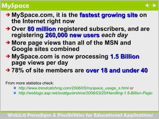 MySpace MySpace.com, it is the  fastest growing site  on the Internet right now  Over  80 million  registered subscribers, and are registering  260,000 new users   each day   More page views than all of the MSN and Google sites combined  MySpace.com is now processing  1.5 Billion  page views per day   78% of site members are  over 18 and under 40   From more statistics check:  http://www.trendcatching.com/2006/05/myspace_usage_s.html  or  http://weblogs.asp.net/scottgu/archive/2006/03/25/Handling-1.5-Billion-Page-Views-Per-Day-Using-ASP.NET-2.0.aspx 