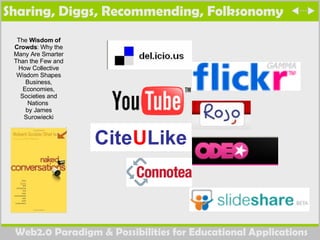 Sharing, Diggs, Recommending, Folksonomy The  Wisdom of Crowds : Why the Many Are Smarter Than the Few and How Collective Wisdom Shapes Business, Economies, Societies and Nations  by James Surowiecki 