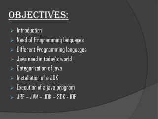 OBJECTIVES:
   Introduction
   Need of Programming languages
   Different Programming languages
   Java need in today’s world
   Categorization of java
   Installation of a JDK
   Execution of a java program
   JRE – JVM – JDK – SDK - IDE
 