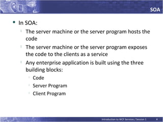 SOA

   In SOA:
    
        The server machine or the server program hosts the
        code
       The server machine or the server program exposes
        the code to the clients as a service
    
        Any enterprise application is built using the three
        building blocks:
         
             Code
         
             Server Program
         
             Client Program



                                       Introduction to WCF Services / Session 1    4
 