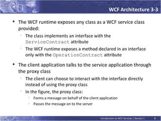 WCF Architecture 3-3
   The WCF runtime exposes any class as a WCF service class
    provided:
       The class implements an interface with the
        ServiceContract attribute
    
        The WCF runtime exposes a method declared in an interface
        only with the OperationContract attribute
   The client application talks to the service application through
    the proxy class
       The client can choose to interact with the interface directly
        instead of using the proxy class
       In the figure, the proxy class:
            Forms a message on behalf of the client application
            Passes the message on to the server


                                                     Introduction to WCF Services / Session 1   8
 