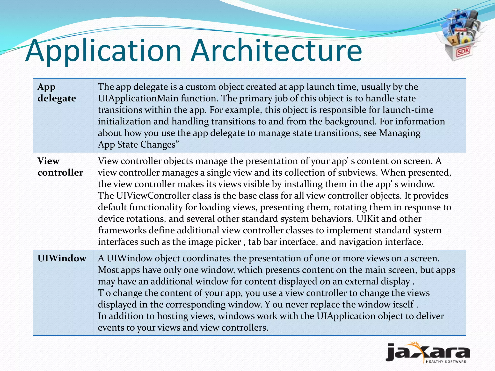 Application Architecture
App          The app delegate is a custom object created at app launch time, usually by the
delegate     UIApplicationMain function. The primary job of this object is to handle state
             transitions within the app. For example, this object is responsible for launch-time
             initialization and handling transitions to and from the background. For information
             about how you use the app delegate to manage state transitions, see Managing
             App State Changes”
View         View controller objects manage the presentation of your app’ s content on screen. A
controller   view controller manages a single view and its collection of subviews. When presented,
             the view controller makes its views visible by installing them in the app’ s window.
             The UIViewController class is the base class for all view controller objects. It provides
             default functionality for loading views, presenting them, rotating them in response to
             device rotations, and several other standard system behaviors. UIKit and other
             frameworks define additional view controller classes to implement standard system
             interfaces such as the image picker , tab bar interface, and navigation interface.
UIWindow     A UIWindow object coordinates the presentation of one or more views on a screen.
             Most apps have only one window, which presents content on the main screen, but apps
             may have an additional window for content displayed on an external display .
             T o change the content of your app, you use a view controller to change the views
             displayed in the corresponding window. Y ou never replace the window itself .
             In addition to hosting views, windows work with the UIApplication object to deliver
             events to your views and view controllers.
 