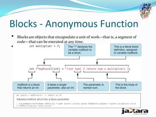 Blocks - Anonymous Function
•   Blocks are objects that encapsulate a unit of work—that is, a segment of
    code—that can be executed at any time.
•   A caret (^) is used as a syntactic marker for blocks.
 