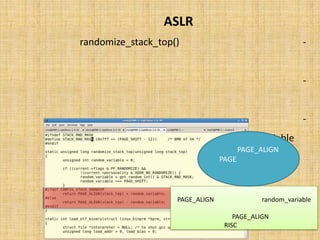 ‫‪ ASLR‬در ﭘﺸﺘﻪ‬
‫ﻋﻤﻠﯿﺎت ﺗﺼﺎدﻓﯽ ﺳﺎزي در ﺗﺎﺑﻊ )(‪) randomize_stack_top‬ﮐﻪ در ﻫﻤﯿﻦ ﻓﺎﯾﻞ ﺗﻌﺮﯾﻒ ﺷﺪه اﺳﺖ( اﻧﺠﺎم‬                        ‫-‬
                                                                                               ‫ﻣﯽ ﺷﻮد.‬
‫ﻣﻘﺪار ﺑﺮﮔﺸﺘﯽ ﺗﻮﺳﻂ اﯾﻦ ﺗﺎﺑﻊ، ﻋﺒﺎرت اﺳﺖ از ﯾﮏ آدرس ﮐﻪ اﯾﻦ آدرس آدرس ﻗﺮار ﮔﯿﺮي ﭘﺸﺘﻪ ﻗﻠﻤﺪاد‬                       ‫-‬
                                                                                            ‫ﺧﻮاﻫﺪ ﺷﺪ.‬
   ‫در اﯾﻦ ﺗﺎﺑﻊ، ﻣﺤﻞ ﻗﺮار ﮔﯿﺮي ﭘﺸﺘﻪ، ﺑﻪ ﺻﻮرت ﺗﺼﺎدﻓﯽ ﺑﻪ اﻧﺪازة ‪ random_variable‬ﺟﺎﺑﺠﺎ ﻣﯽ ﺷﻮد.‬                    ‫-‬




                                                                      ‫‪ ،PAGE_ALIGN‬اﺷﺎره ﮔﺮ را‬
                                                                      ‫ﺑﻪ اﺑﺘﺪاي ‪ PAGE‬ﺑﻌﺪي ﺗﻨﻈﯿﻢ‬
                                                                                ‫ﻣﯽ ﻧﻤﺎﯾﺪ‬



                                                           ‫اﮔﺮ ﭘﺸﺘﻪ ﻫﻢ ﺟﻬﺖ ﺑﺎ آدرس ﻫﺎي ﺣﺎﻓﻈﻪ رﺷﺪ ﮐﻨﺪ، ﻣﻘﺪار‬
                                                    ‫‪ random_variable‬ﺑﻪ آدرﺳﯽ ﮐﻪ ﺗﻮﺳﻂ ‪ PAGE_ALIGN‬ﺑﺮﮔﺮداﻧﺪه‬
                                                        ‫ﻣﯽ ﺷﻮد، اﺿﺎﻓﻪ ﻣﯽ ﺷﻮد. و در ﻏﯿﺮ اﯾﻦ ﺻﻮرت اﯾﻦ ﻣﻘﺪار از آدرسِ‬
                                                        ‫‪ PAGE_ALIGN‬ﮐﻢ ﻣﯽ ﺷﻮد )ﻧﻈﯿﺮ ﺑﺮﺧﯽ ﻣﻌﻤﺎري ﻫﺎي ‪.(RISC‬‬
 