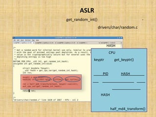 ‫‪ ASLR‬در ﭘﺸﺘﻪ‬
‫ﻧﺤﻮه ﺗﺼﺎدﻓﯽ ﺳﺎزي در ﺗﺎﺑﻊ )(‪ get_random_int‬ﮐﻪ در ﻓﺎﯾﻞ ‪ drivers/char/random.c‬ﺗﻌﺮﯾﻒ‬               ‫-‬
                                                                   ‫ﺷﺪه از ﻗﺮار زﯾﺮ اﺳﺖ:‬




                                                   ‫ﭘﺲ از ﺗﻌﺮﯾﻒ آراﯾﮥ ‪ HASH‬و ﺗﻨﻈﯿﻢ آدرس آن‬
                                                       ‫)آدرسِ آراﯾﮥ ‪ ،(CPU‬ﺑﺎ اﺳﺘﻔﺎده از ﺗﺎﺑﻊ‬
                                                  ‫)(‪ ،get_keyptr‬ﻣﺘﻐﯿﺮِ ‪ keyptr‬ﻣﻘﺪار دﻫﯽ اوﻟﯿﻪ‬
                                                  ‫ﺷﺪه و ﺳﭙﺲ ﺑﺎ اﺳﺘﻔﺎده از آدرس آرﯾﮥ ‪ HASH‬ﺑﻪ‬
                                                    ‫ﻫﻤﺮاه ‪ PID‬ﭘﺮوﺳﻪ ﺟﺎري و ﺗﻌﺪاد ﺳﯿﮑﻞ ﻫﺎي‬
                                                   ‫ﭘﺮدازﻧﺪه و ﻣﺪت زﻣﺎن ﻓﻌﺎل ﺑﻮدن ﺳﯿﺴﺘﻢ، ﯾﮏ‬
                                                  ‫ﻣﻘﺪار ﺗﺼﺎدﻓﯽ در ﺧﺎﻧﻪ اول آراﯾﮥ ‪ HASH‬ﻗﺮار داده‬
                                                          ‫ﺷﺪه و ﺳﭙﺲ ﺑﺎ اﺳﺘﻔﺎده از ﺗﺎﺑﻊ‬
                                                   ‫)(‪ half_md4_transform‬اﯾﻦ ﻣﻘﺪار ﺑﺎز ﻫﻢ‬
                                                       ‫ﺗﺼﺎدﻓﯽ ﺗﺮ ﺷﺪه و ﺑﺎزﮔﺮداﻧﺪه ﻣﯽ ﺷﻮد‬
 