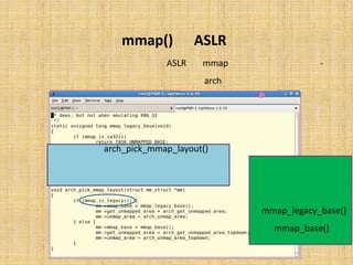 ‫‪ ASLR‬در )(‪mmap‬‬
‫ﺗﻨﻈﯿﻤﺎت ﺗﺼﺎدﻓﯽ ﺳﺎزيِ ‪ mmap‬در ‪ ،ASLR‬ﺑﺴﺘﻪ ﺑﻪ ﭘﺮدازﻧﺪه ﻣﻮرد اﺳﺘﻔﺎده، در زﯾﺮﺷﺎﺧﮥ ﻣﺮﺑﻮﻃﻪ در‬       ‫-‬
                                                              ‫ﺷﺎﺧﮥ ‪ arch‬ﻗﺮار ﺧﻮاﻫﺪ ﮔﺮﻓﺖ.‬




   ‫ﺗﺎﺑﻊِ )(‪ arch_pick_mmap_layout‬ﺑﻪ ﻣﺤﺾ اﯾﺠﺎد ﺣﺎﻓﻈﮥ‬
  ‫ﻣﺠﺎزي ﺑﺮاي ﻫﺮ ﭘﺮوﺳﻪ ﺻﺪا زده ﺷﺪه و ﺗﻨﻈﯿﻤﺎت ﻣﺮﺑﻮﻃﻪ را اﻧﺠﺎم‬            ‫ﺑﺴﺘﻪ ﺑﻪ ﺑﺮﺧﯽ ﻓﻠﮓ ﻫﺎ و ﭘﺎراﻣﺘﺮ‬
                          ‫ﻣﯽ دﻫﺪ‬                                        ‫ﻫﺎي ﭘﺮوﺳﮥ ﻓﺮاﺧﻮاﻧﺪه ﺷﺪه، اﯾﻦ‬
                                                                     ‫ﺗﺎﺑﻊ، )(‪ mmap_legacy_base‬و‬
                                                                       ‫ﯾﺎ )(‪ mmap_base‬را ﻓﺮاﺧﻮاﻧﯽ‬
                                                                                 ‫ﻣﯽ ﻧﻤﺎﯾﺪ.‬
 