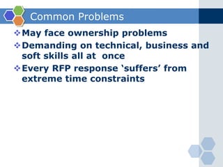 Common Problems 
May face ownership problems 
Demanding on technical, business and 
soft skills all at once 
Every RFP ...