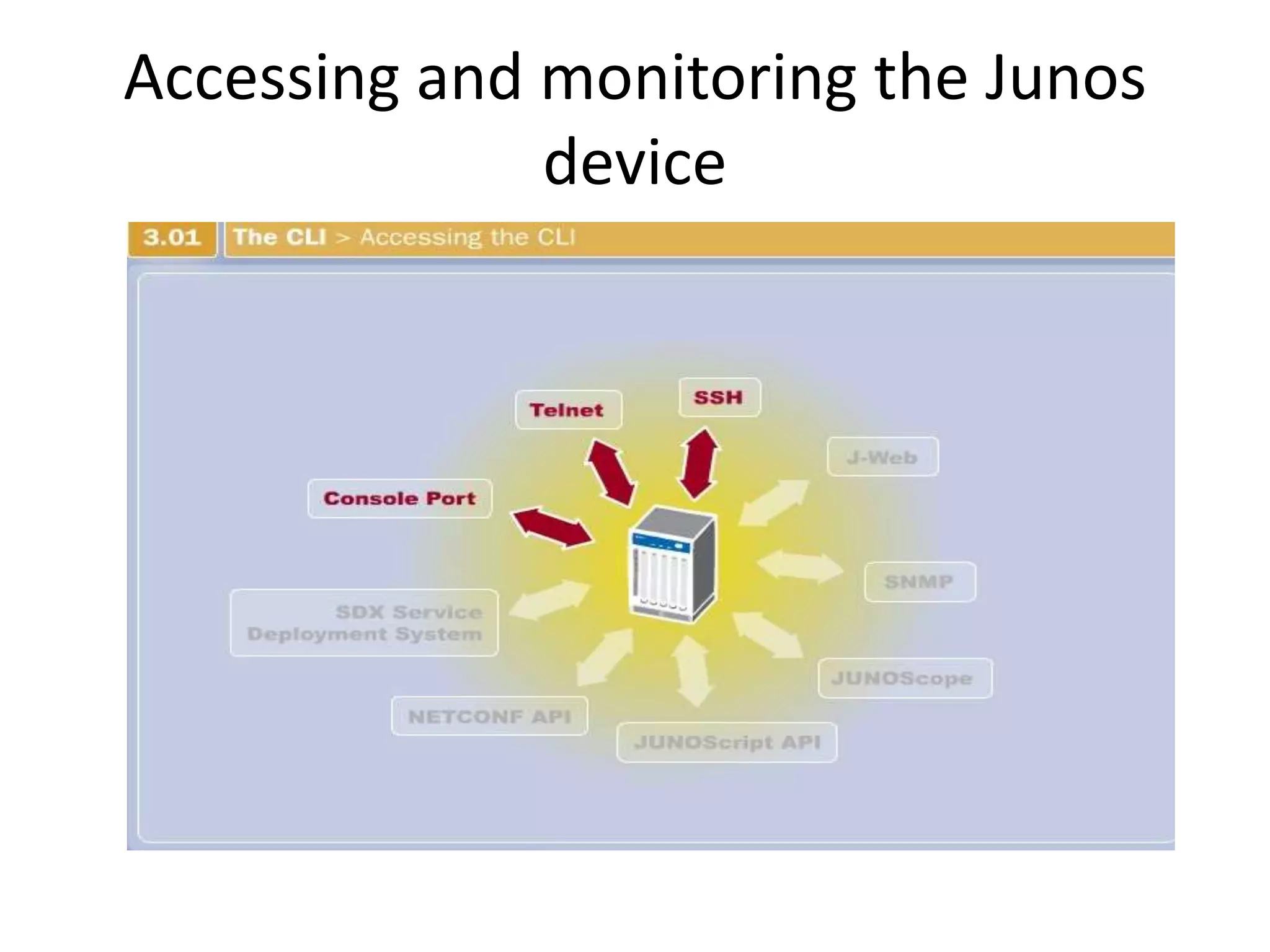 Accessing and monitoring the Junos
device
 