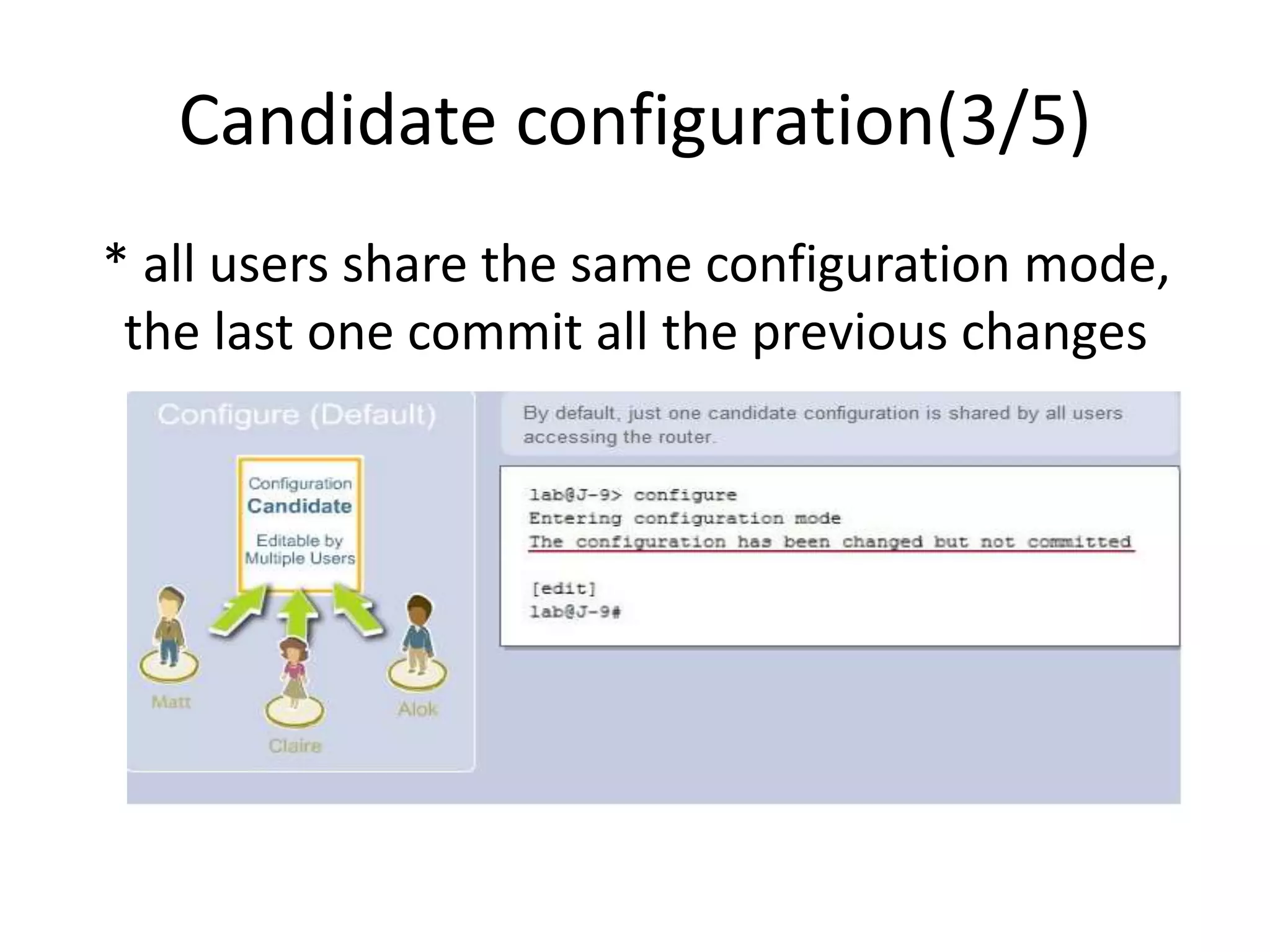 Candidate configuration(3/5)
* all users share the same configuration mode,
the last one commit all the previous changes
 
