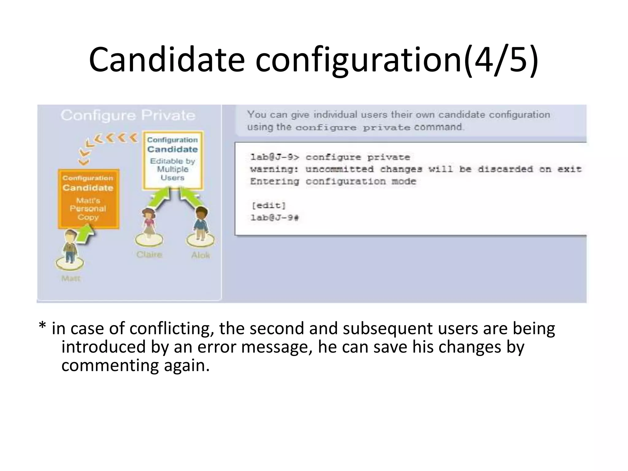 Candidate configuration(4/5)
* in case of conflicting, the second and subsequent users are being
introduced by an error message, he can save his changes by
commenting again.
 